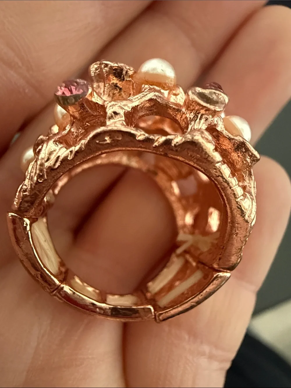 Rose Gold Pearl & Pink Crystal Statement Ring